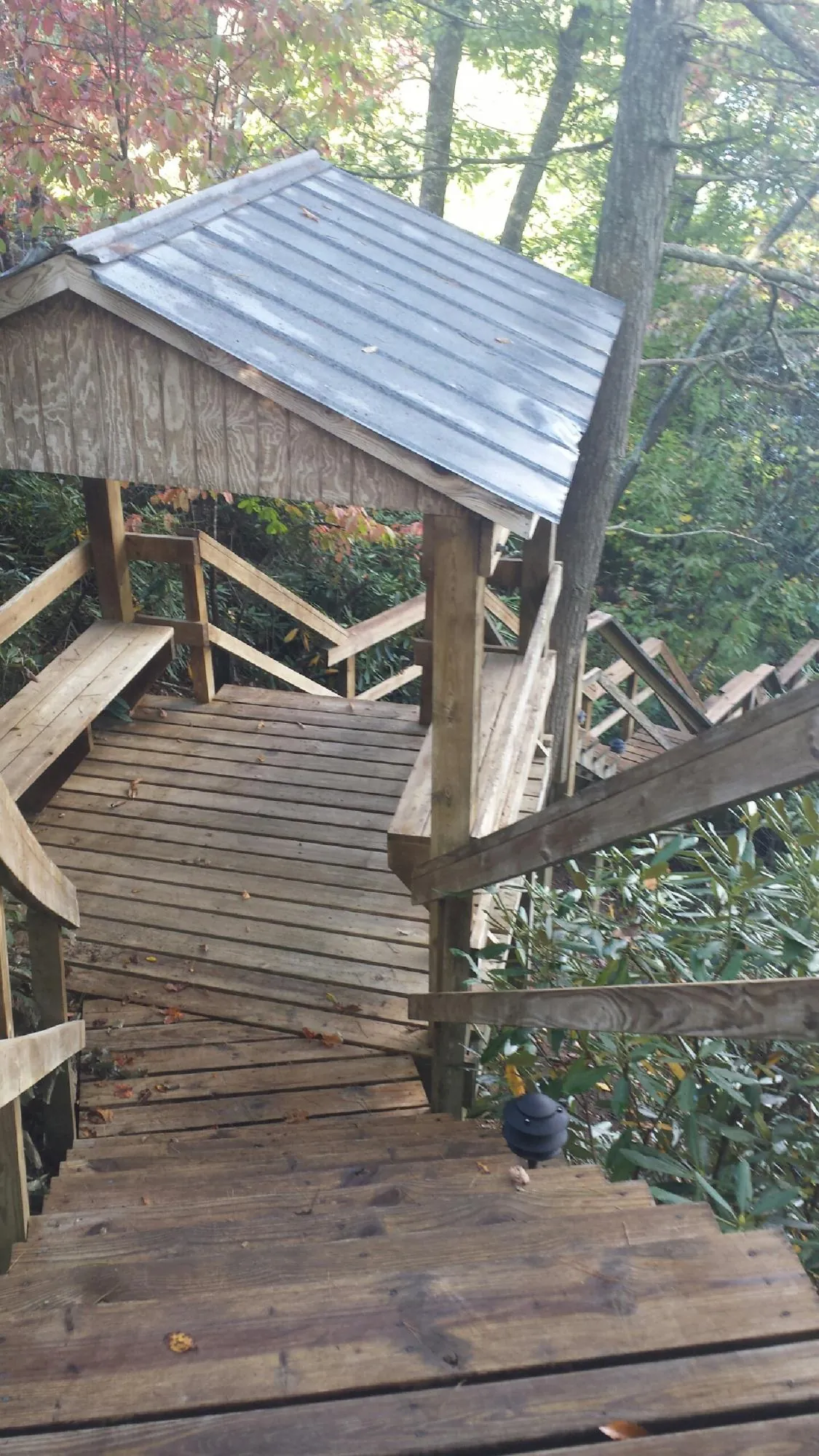 Metal roofed shelter over wooden steps on a wooded walkway — Skylight Repair & Installation work by our crew in Steens